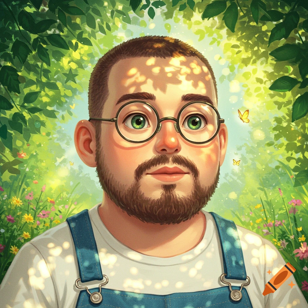 A cartoon man with a beard and round glasses in a lush Ghibli-style garden with flowers, butterflies, and dappled sunlight.