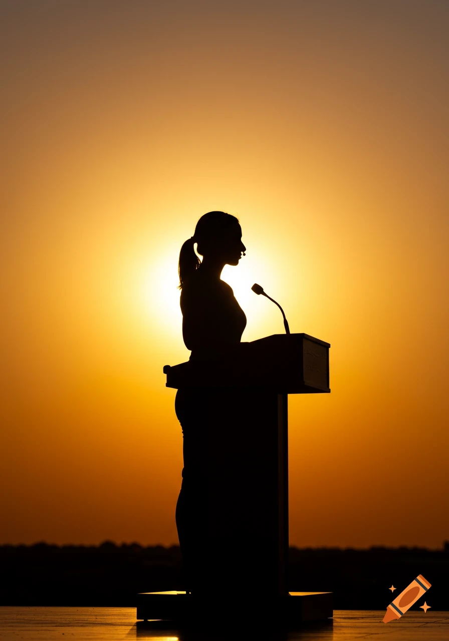 A silhouetted woman with a ponytail stands at a podium against a vibrant orange setting sun.