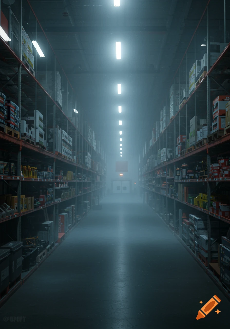 A long, foggy, empty warehouse aisle with rows of shelves filled with various goods under bright fluorescent lights.