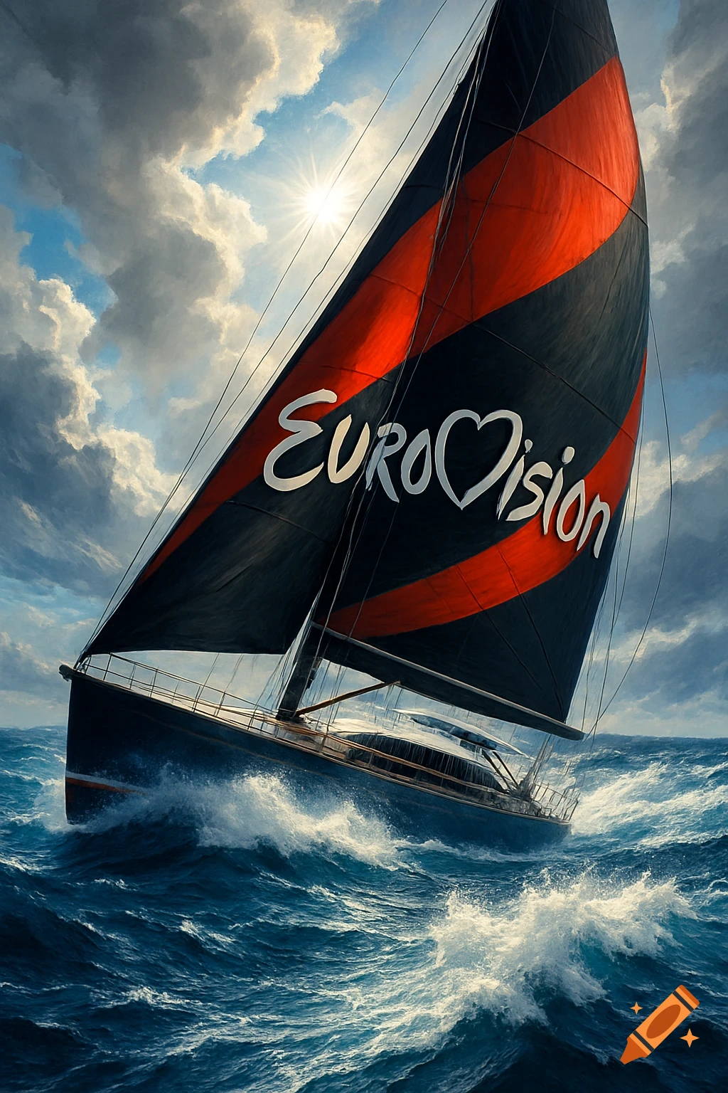 A sailing boat with a black and red 'EuroVision' sail races through choppy blue waves under a bright, cloudy sky.