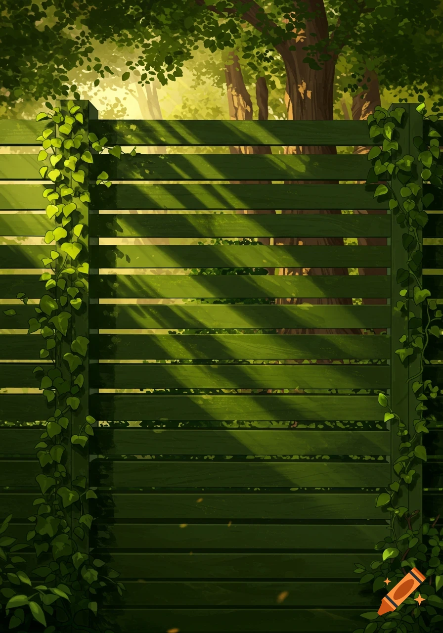 A stylized illustration of a green slatted fence covered in ivy, with sun-dappled trees and foliage in the background.