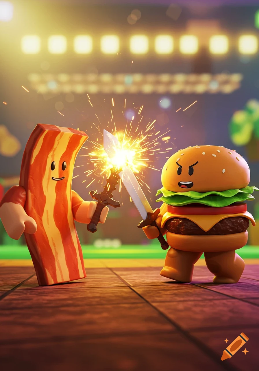 A cartoon bacon strip with a smiling face and a burger with an angry face, stylized like Roblox characters, sword fighting with sparkling swords.