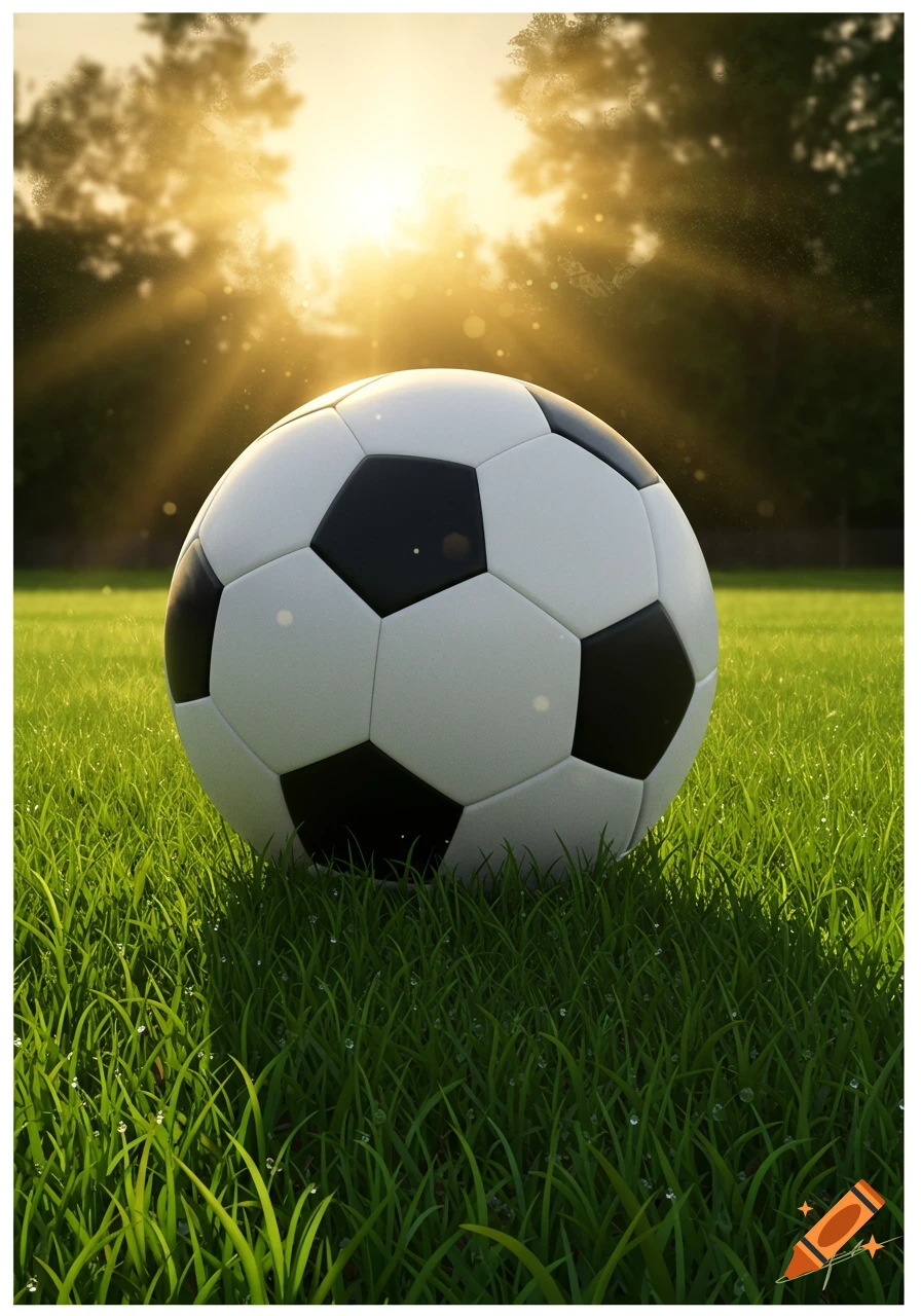 A photorealistic soccer ball rests on dewy green grass with a golden sunset in the background.