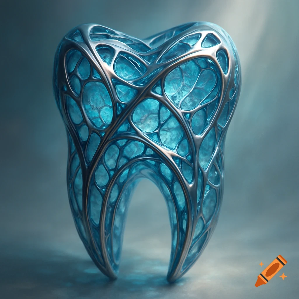 A stylized blue translucent tooth with an intricate silver metallic web-like structure, rendered against a soft blue background.