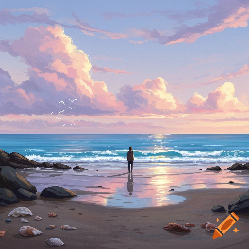 A person stands on a wet sandy beach looking at the ocean, under a pastel pink and blue sky with fluffy clouds and seagulls, in a digital painting style.
