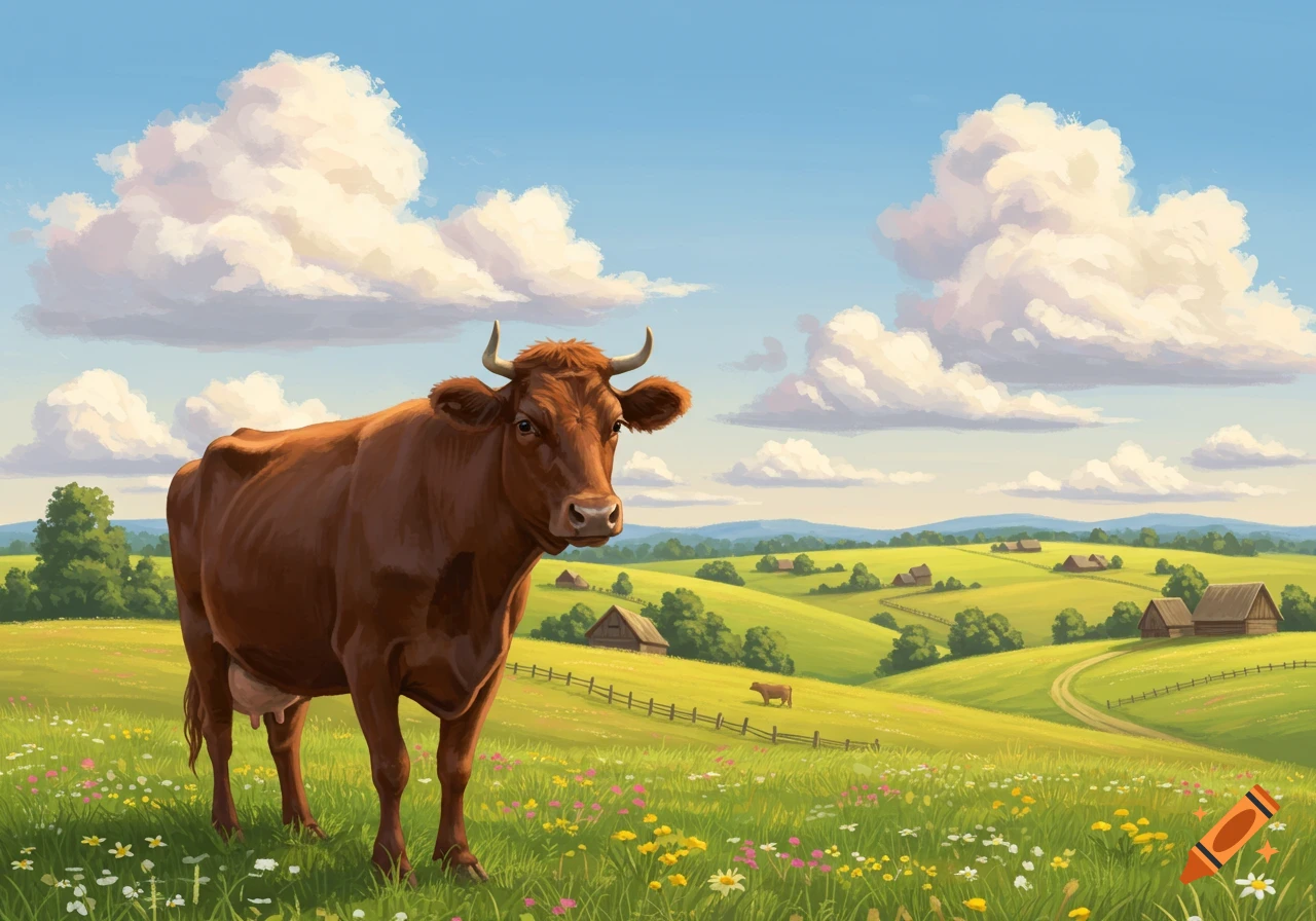 A brown cow stands in a vibrant green meadow with wildflowers, under a blue sky with fluffy clouds, with rolling hills and farmhouses in the background, in an illustrative style.
