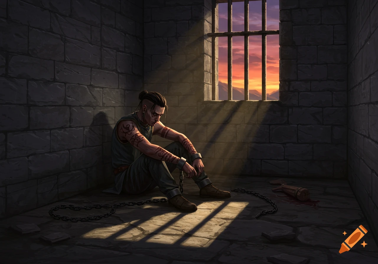 A man with chains sits dejectedly in a dark stone prison cell, lit by sunset light through a barred window.