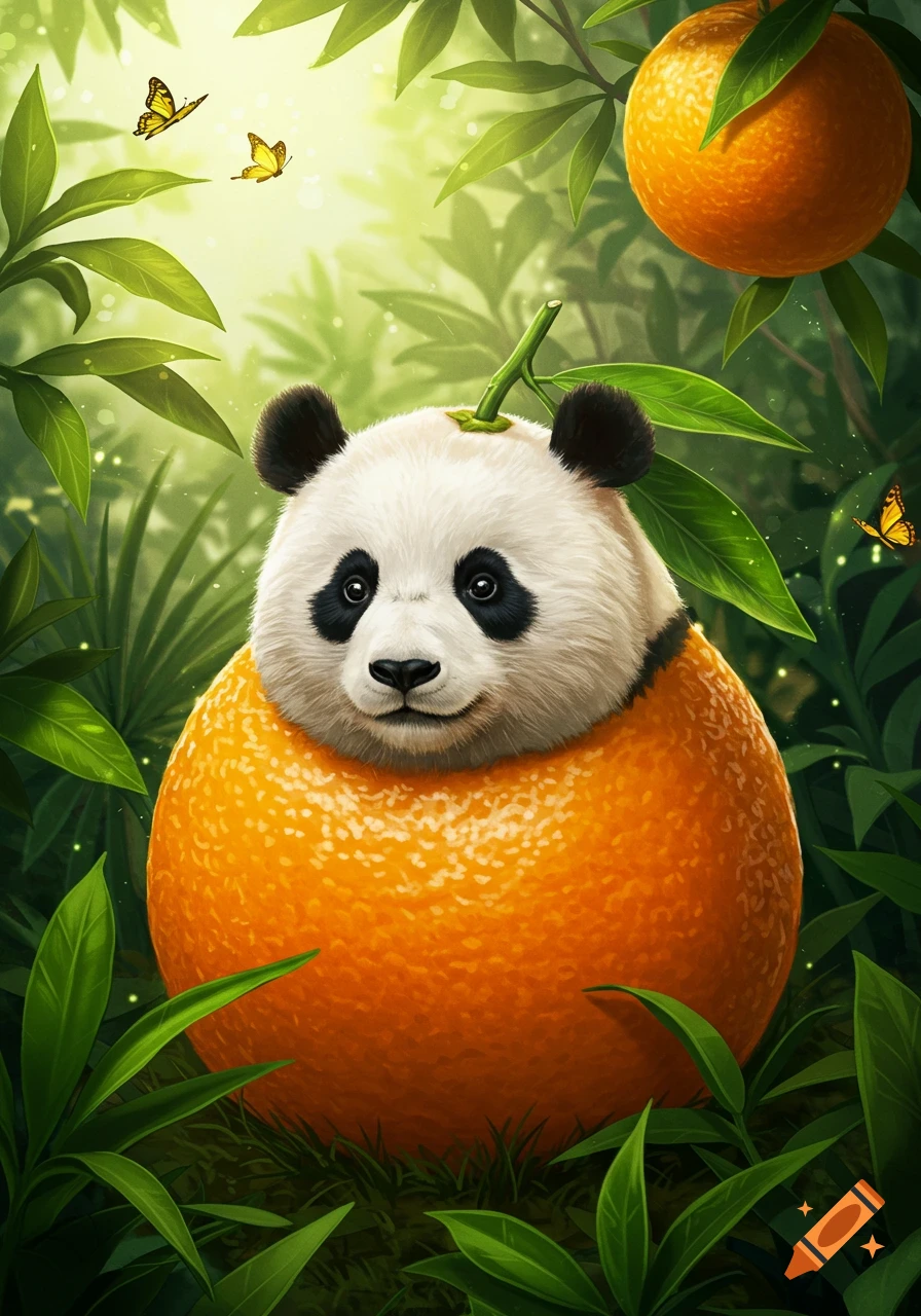 A cute panda with an orange body sits amidst green foliage, with butterflies and glowing particles.