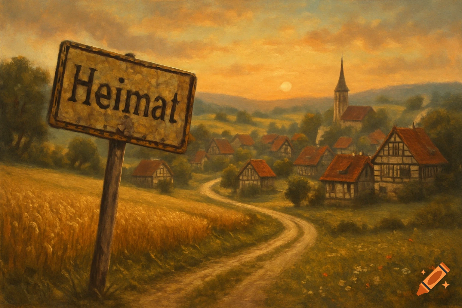 A rustic, painterly landscape at sunset, with a dirt road winding towards a small village and church, and a large sign in the foreground reading "Heimat".