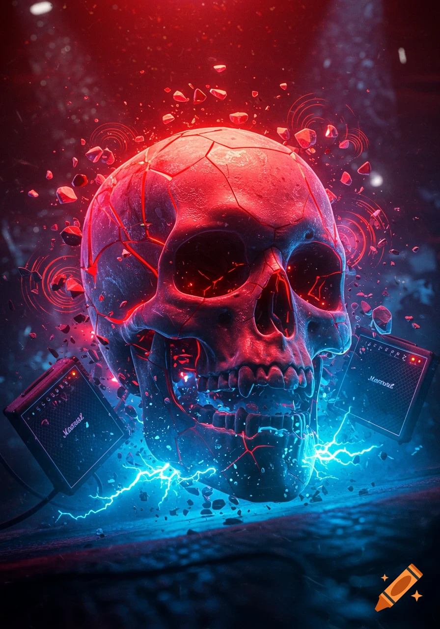 A glowing red and blue shattered skull with electric sparks and rock amplifiers, evoking hard rock energy in a dark, stylized setting.