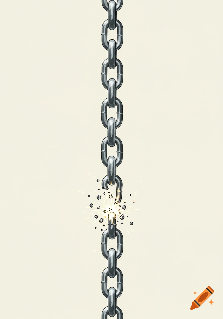 A cartoon-style vertical silver chain on a light background, with one link near the bottom broken and emitting sparks.