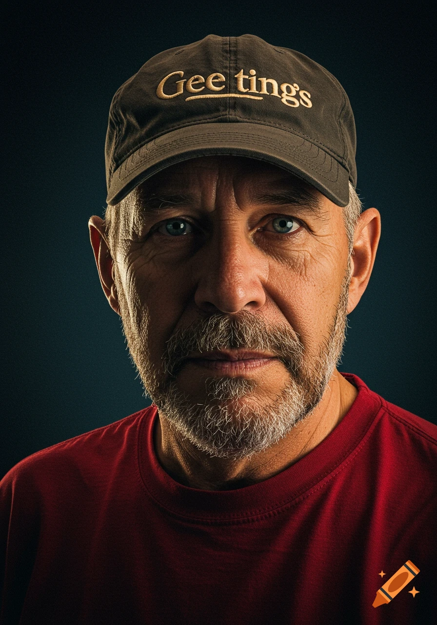 Photorealistic close-up portrait of an older man with a grey beard, blue eyes, red t-shirt, and a dark cap.