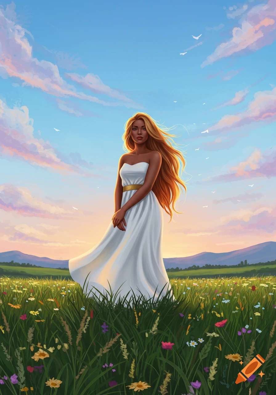 An illustration of a woman with long red hair in a white dress in a wildflower field at sunset, with mountains in the distance.