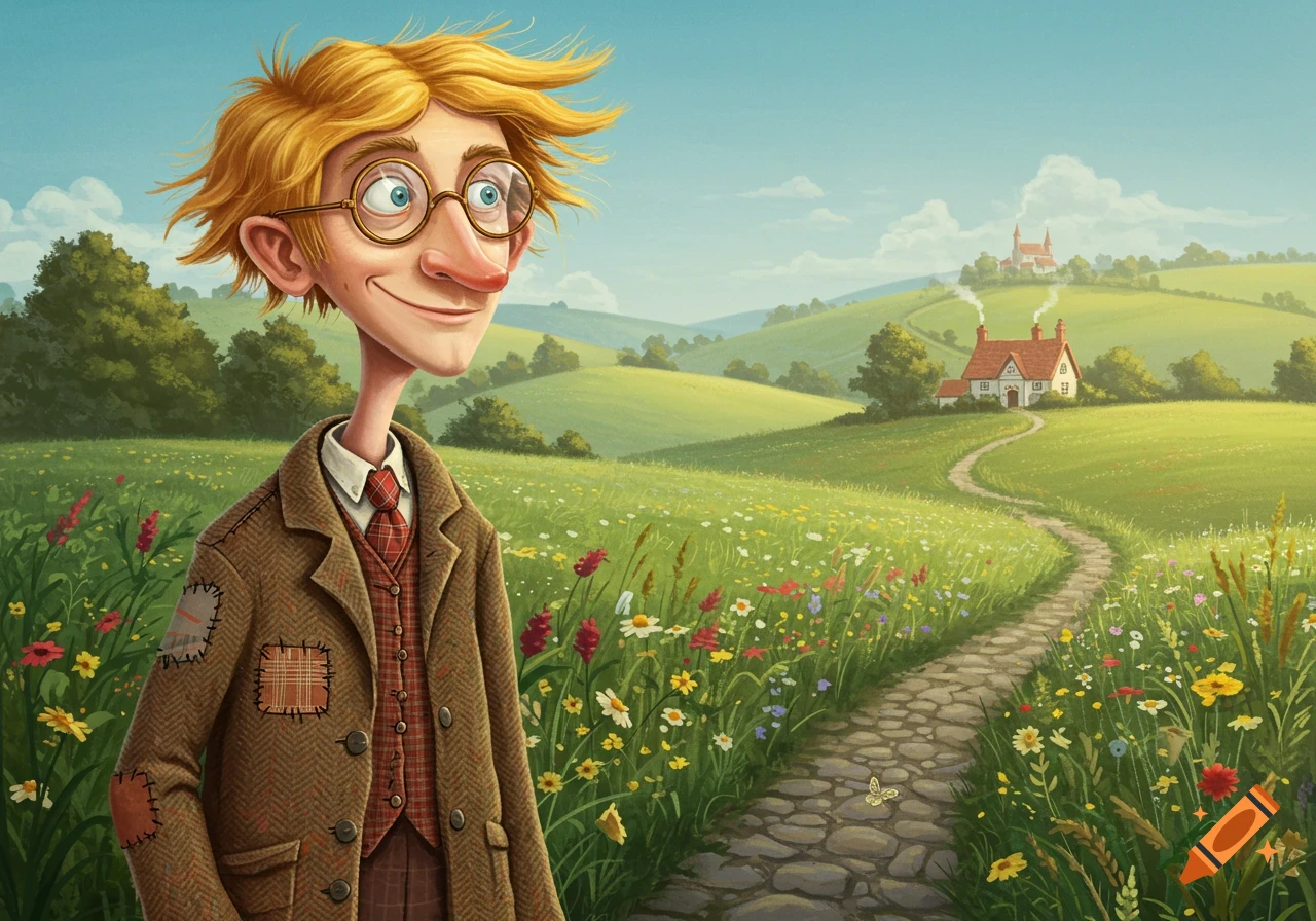 A cartoon man in glasses and a tweed jacket stands in a sunny field of wildflowers, with a winding path leading to a cottage in the rolling green hills.