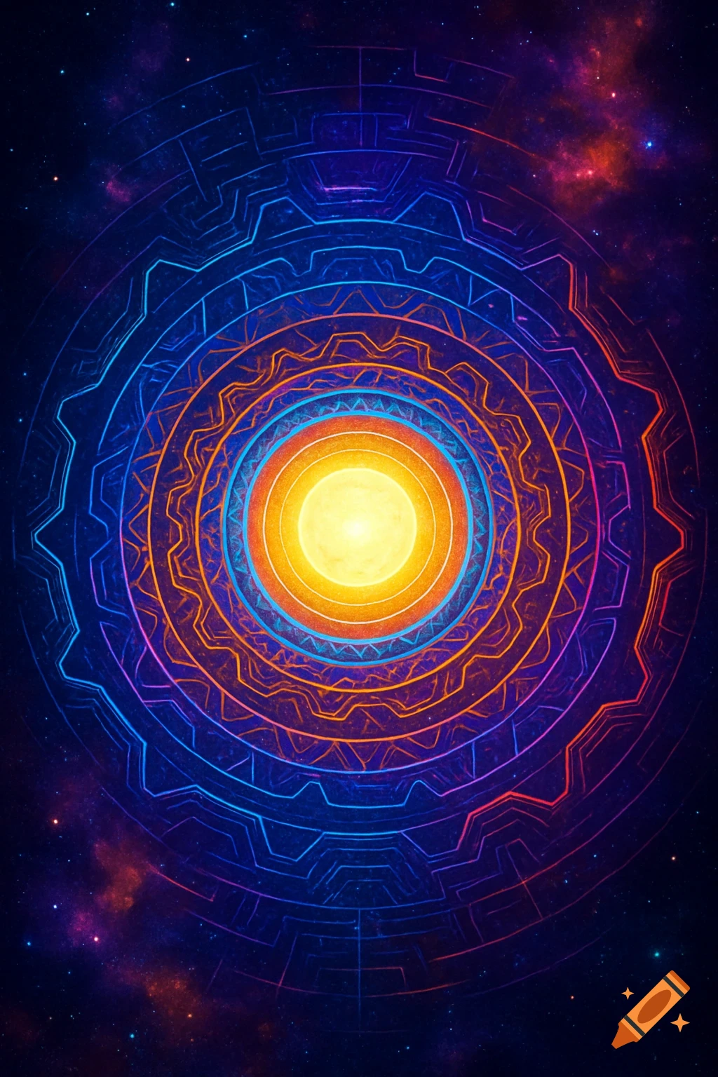 A glowing yellow orb at the center of neon blue and orange geometric concentric circles on a dark, starry cosmic background with nebulae.