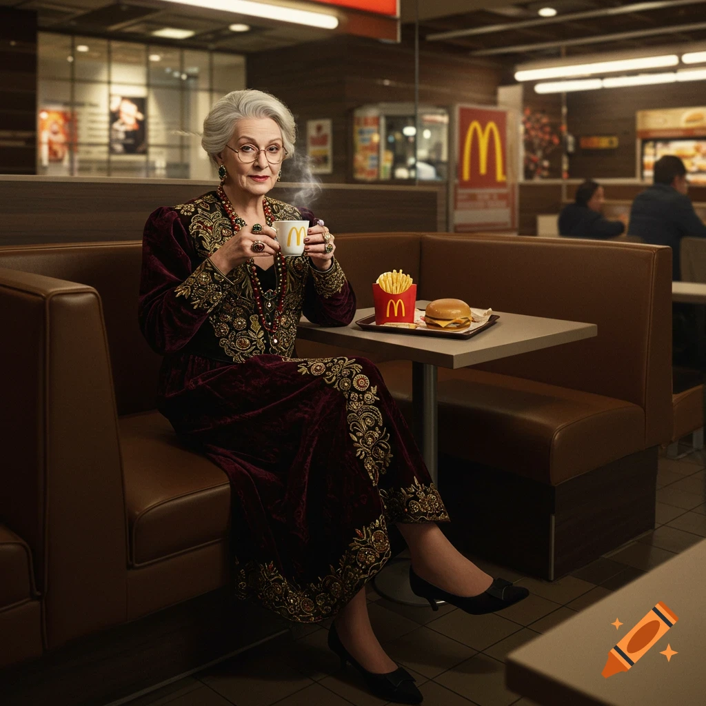 An elderly woman in elaborate, rich, dark red clothing sips from a coffee cup at a McDonald's booth with fries and a burger.
