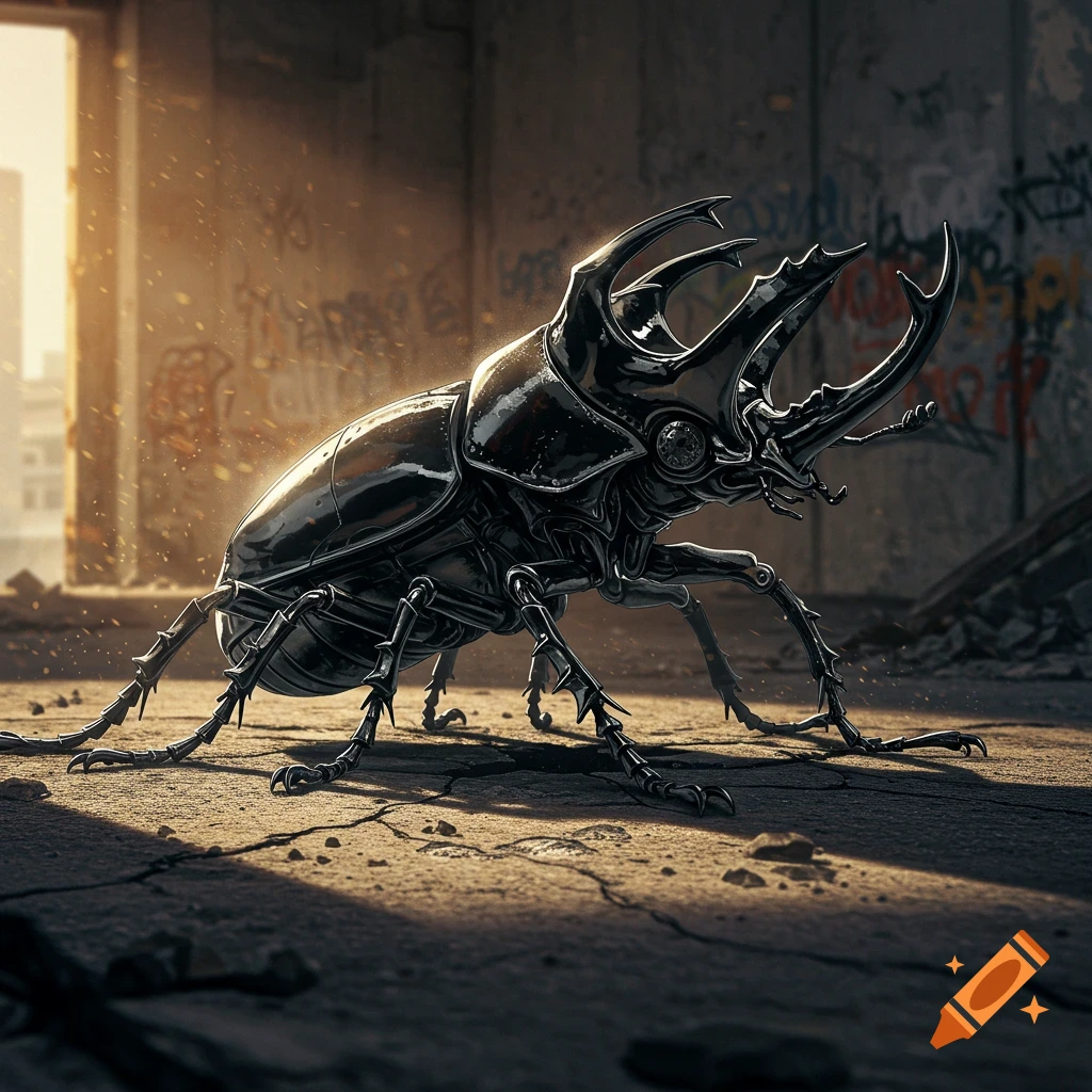 A metallic black beetle with large horns walks on cracked concrete in a sunlit, ruined urban building with graffiti.