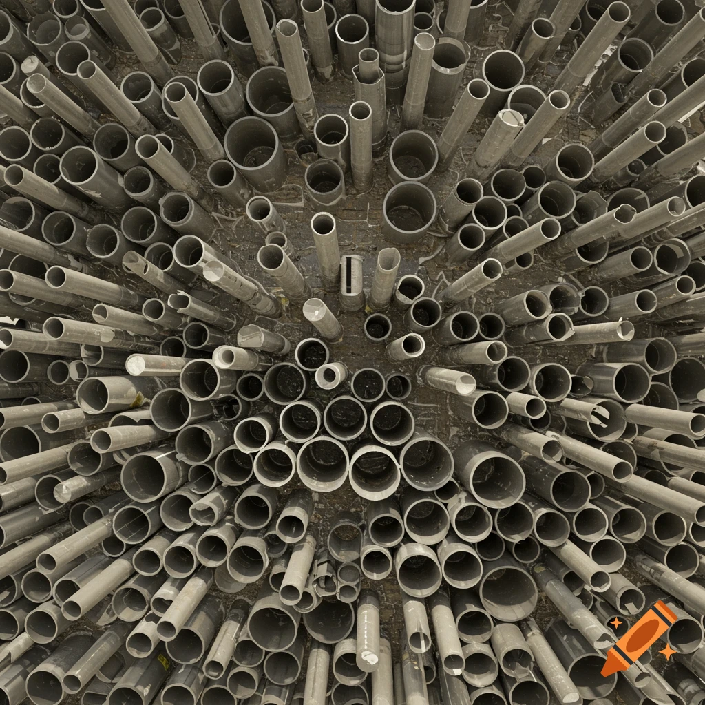 A dense, overhead view of numerous salvaged grey PVC tubes of various sizes protruding from a wall, forming an abstract pattern.