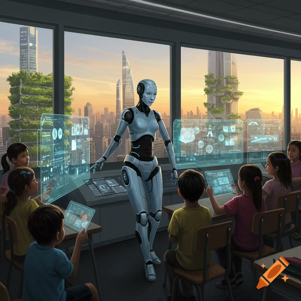 A robot teacher instructs children in a futuristic classroom with holographic displays, overlooking a city skyline at sunset.