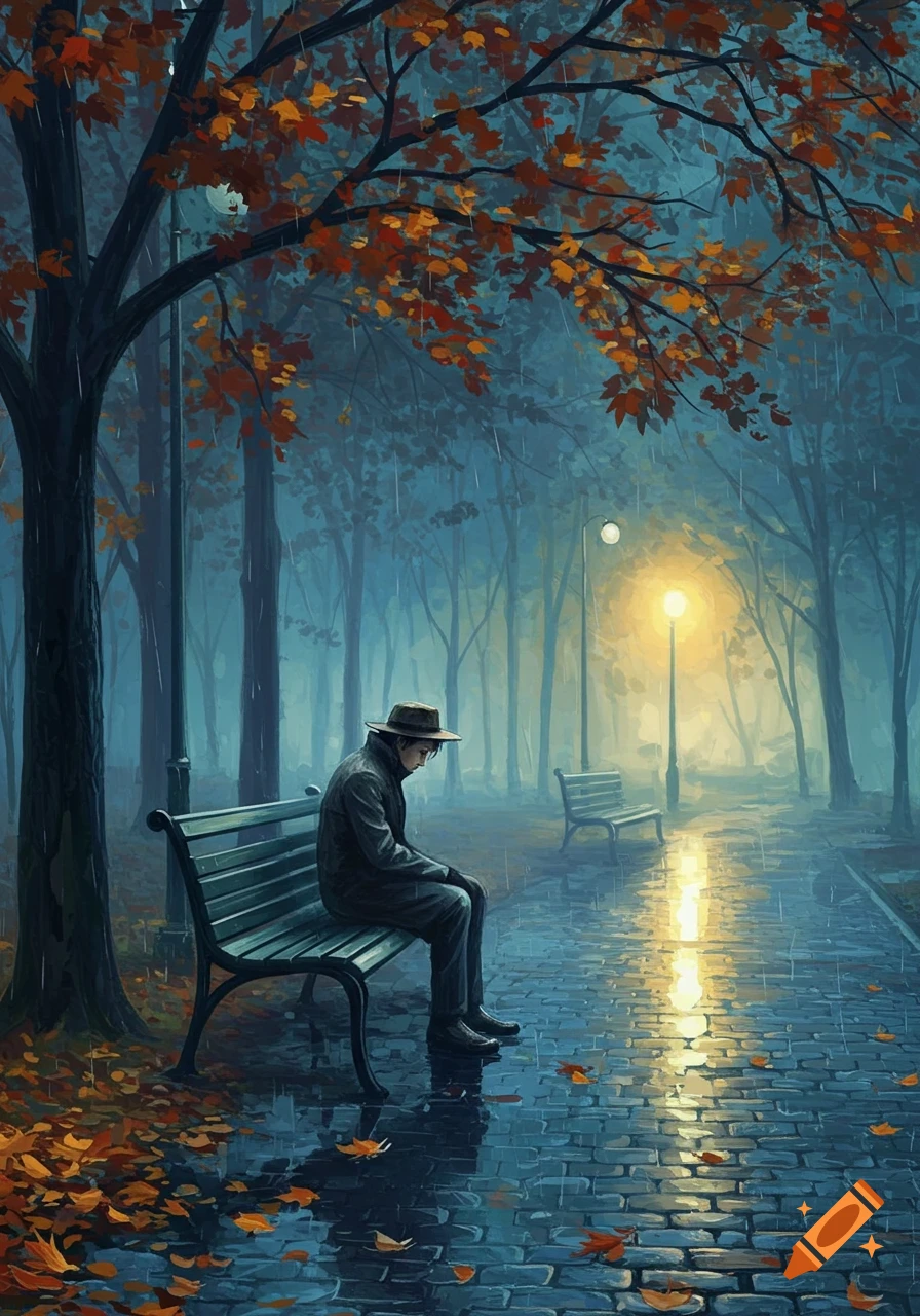 A person in a hat sits alone on a park bench in the rain surrounded by autumn leaves, illuminated by a streetlight, in a painterly style.