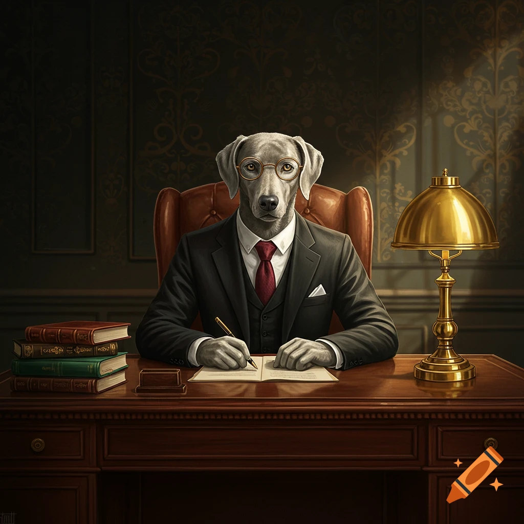 A photorealistic Weimaraner dog in a dark suit and glasses sits at a wooden desk, writing with a pen. Books and a brass lamp are beside him.
