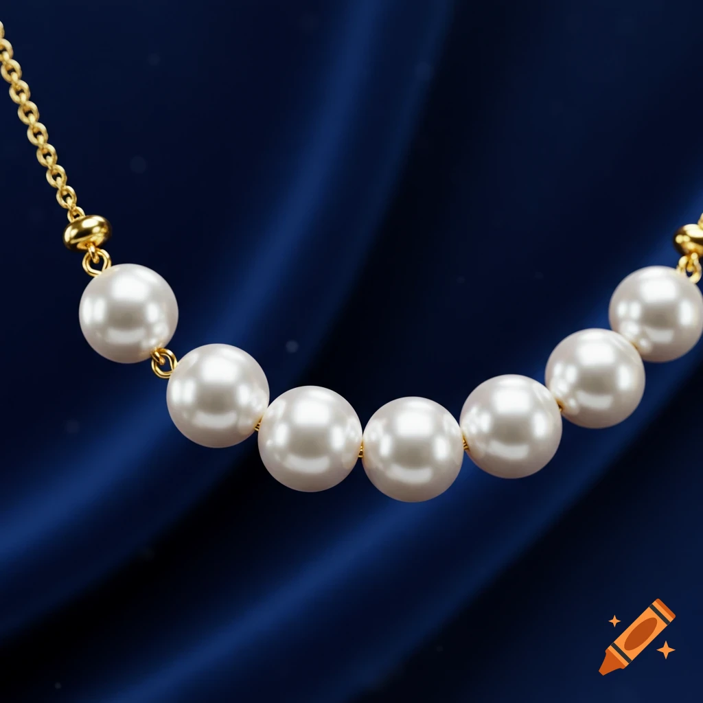 A photorealistic image of a gold chain necklace with six lustrous white pearls, set against a dark blue draped fabric background.
