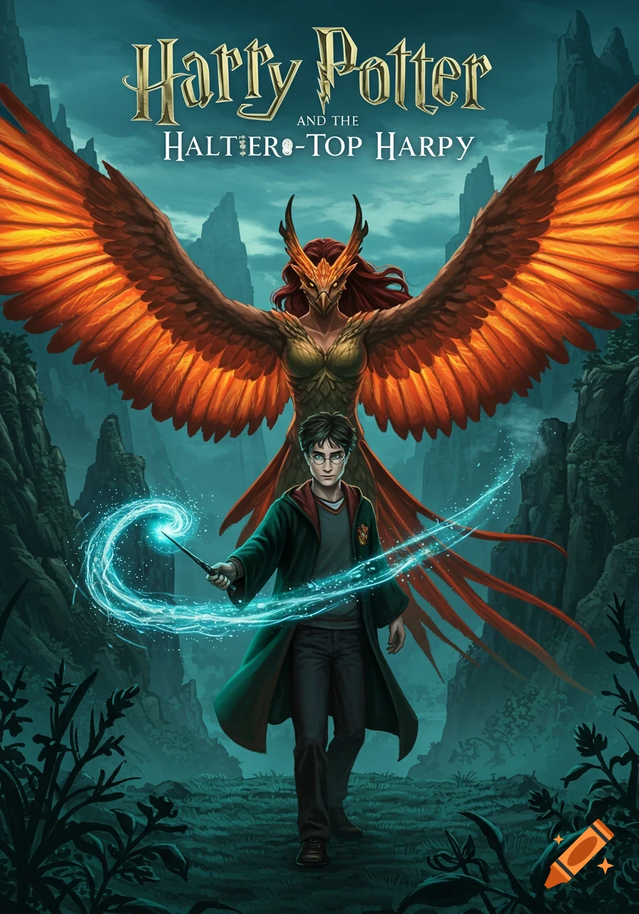 Harry Potter with a glowing wand in front of a large, fiery-winged harpy in a dark fantasy landscape, a book cover.