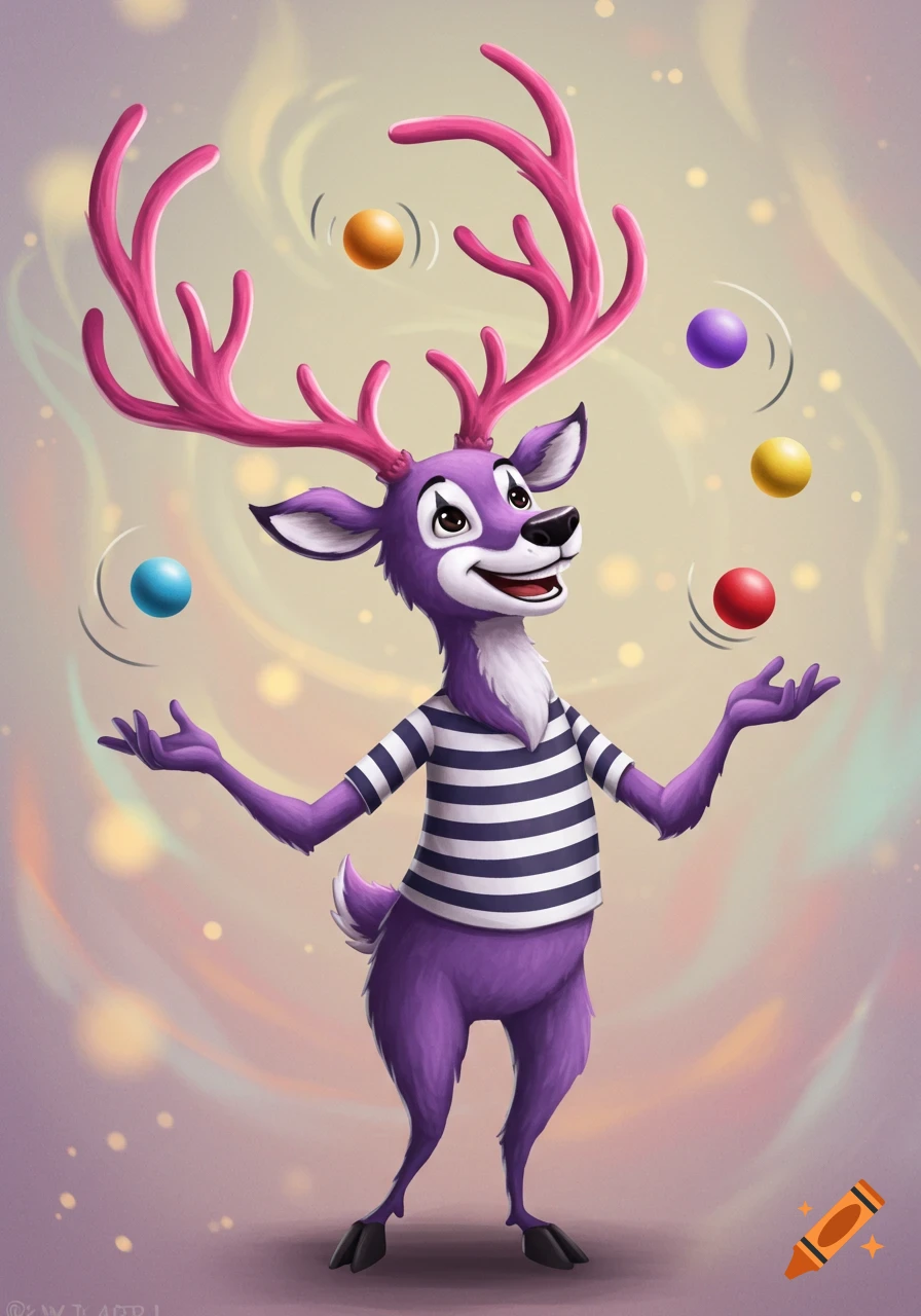 A happy purple deer with pink antlers, wearing a striped mime shirt, juggles colorful balls in an animated illustration.