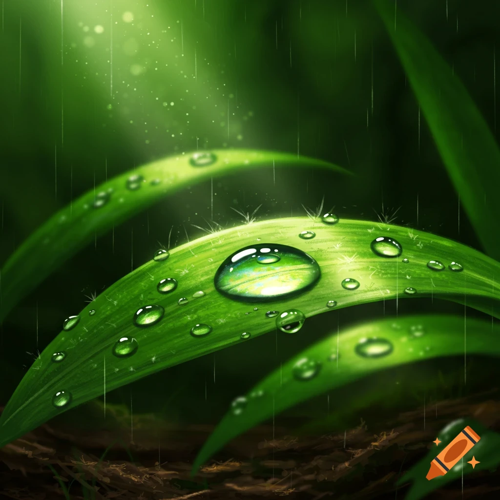 Close-up of vibrant green grass blades covered in glistening raindrops with light shining down.