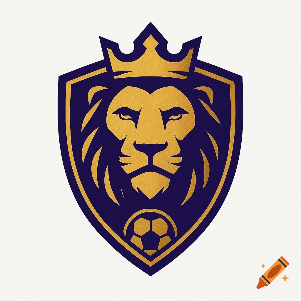 A minimalist gold lion's head with a crown inside a purple shield, featuring a soccer ball at the bottom.