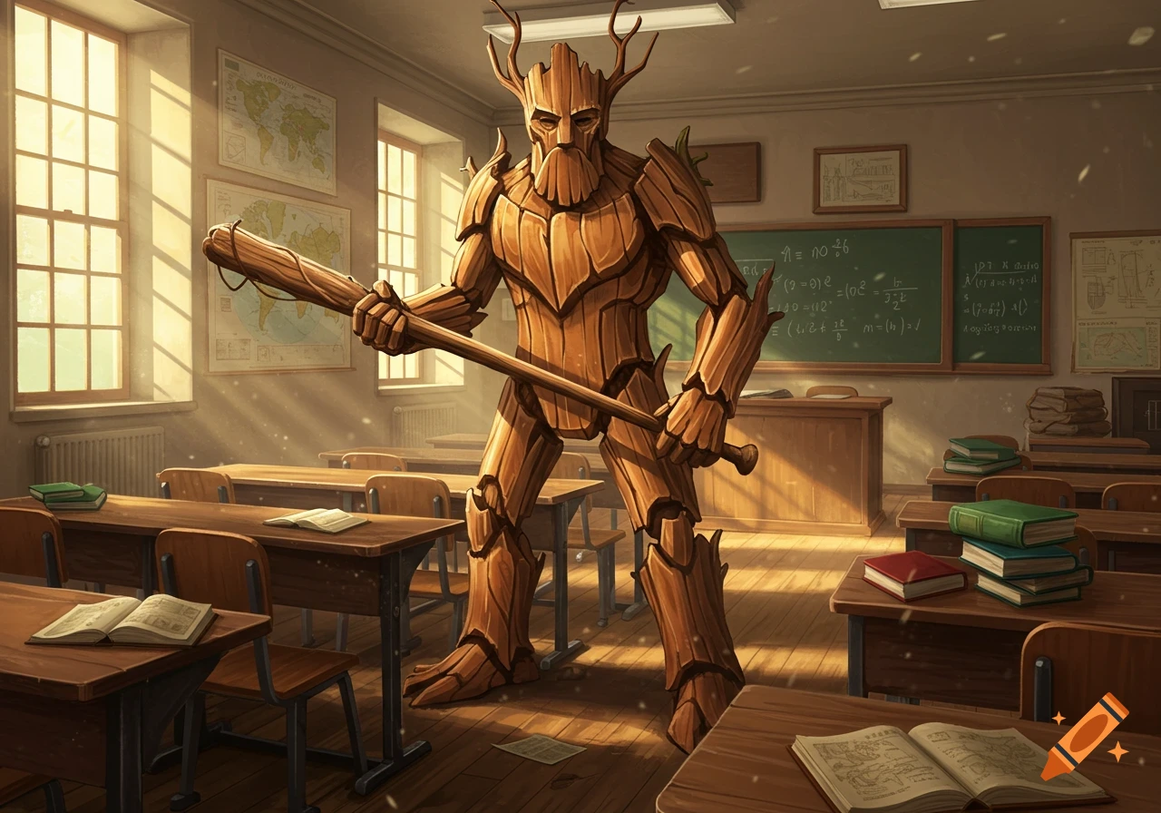 A large wood-like humanoid creature with antlers stands in a sunlit classroom, holding a baseball bat. Desks and chairs are scattered around, with maps on the wall and gibberish equations on the blackboard.