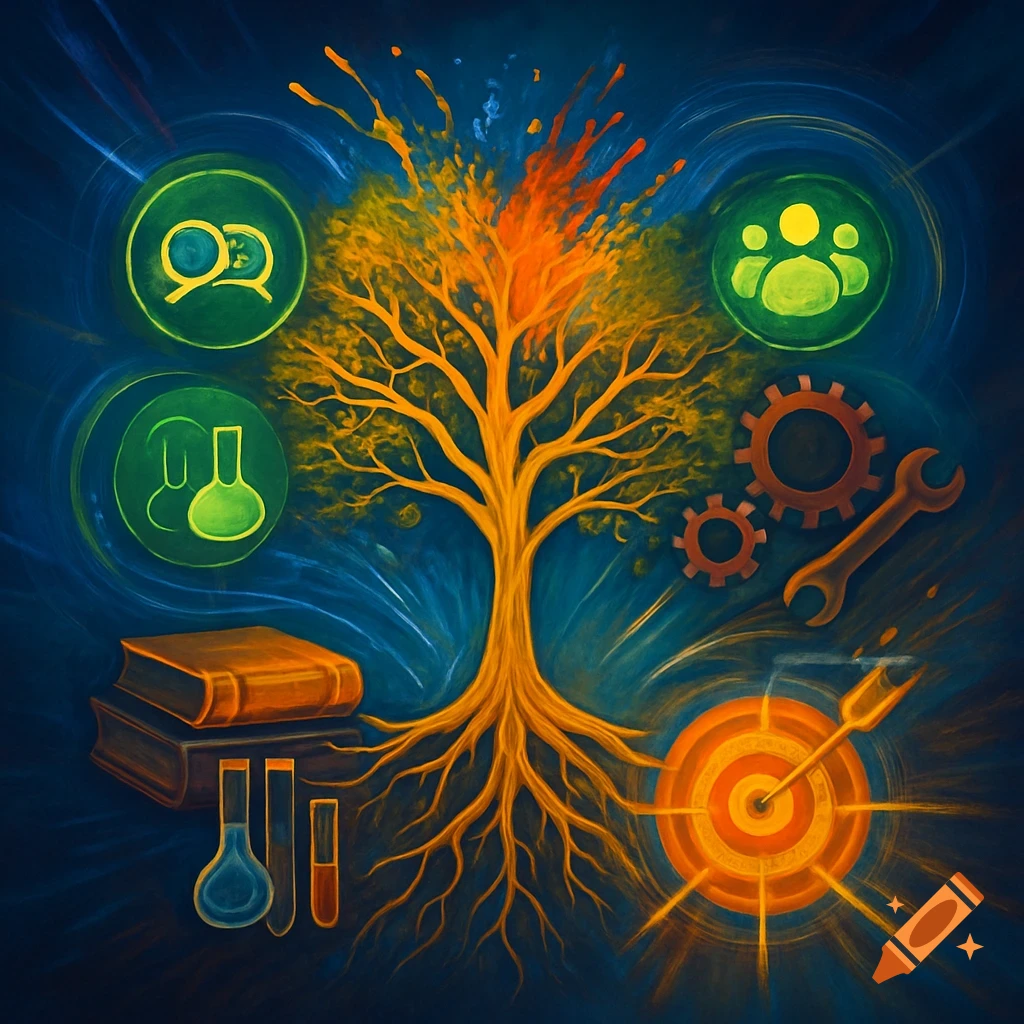 Stylized painting of a glowing orange tree with roots, surrounded by icons representing science, community, tools, books, and a target.