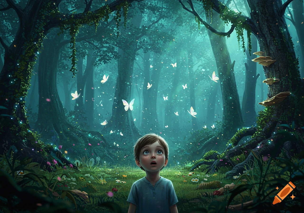 A young boy with wide eyes looks up in wonder at glowing butterflies and shimmering particles in a lush, mystical blue-green forest.