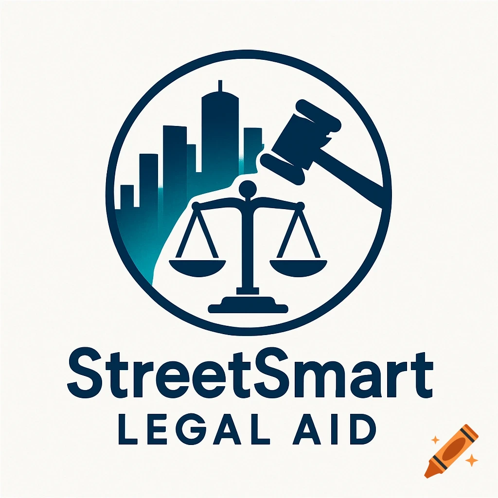 Logo for StreetSmart Legal Aid featuring a city silhouette, scales of justice, and a gavel within a dark blue circle.