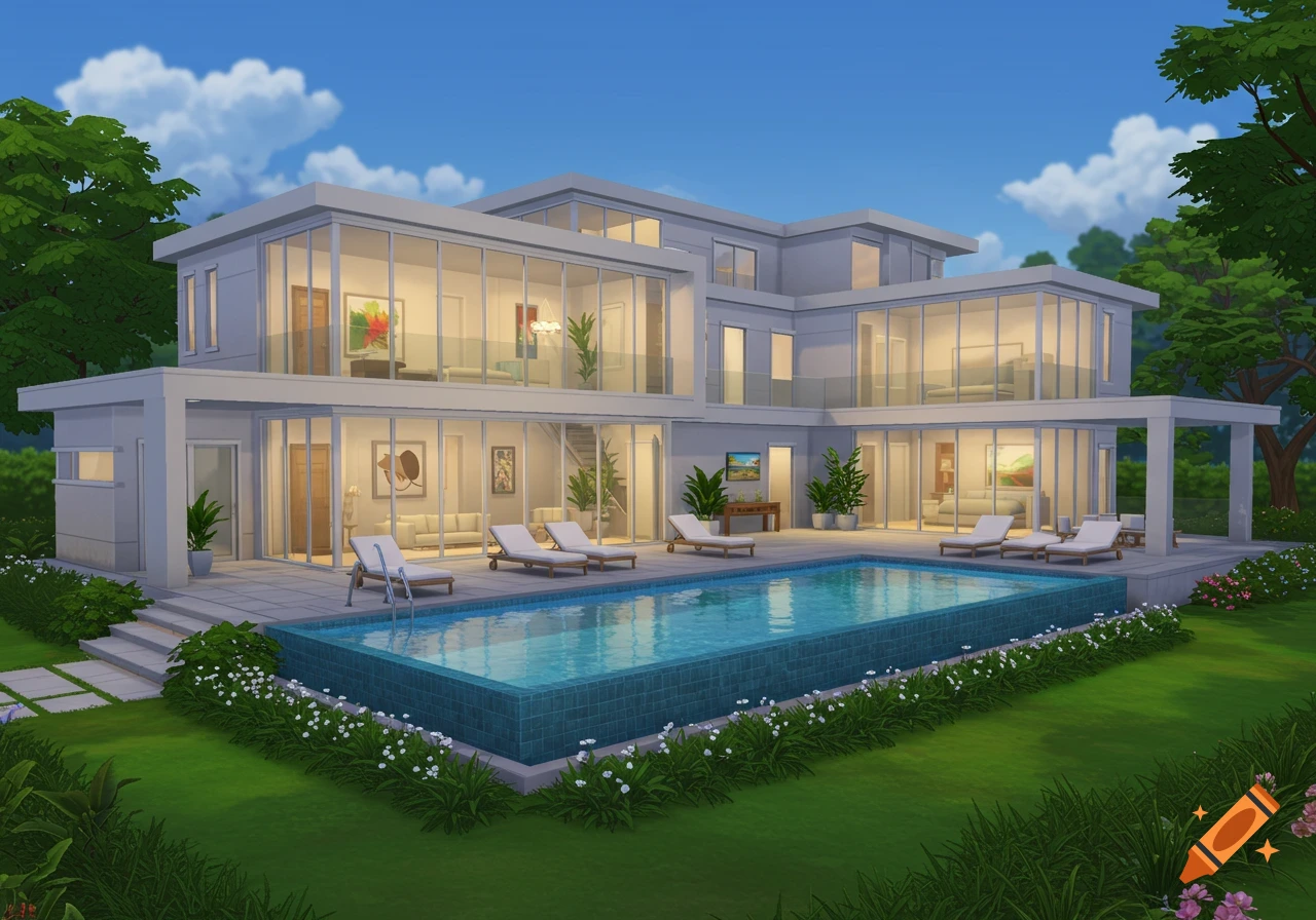 A modern multi-story mansion with large windows and a swimming pool in a lush green garden under a blue sky, rendered in a Sims 4 style.