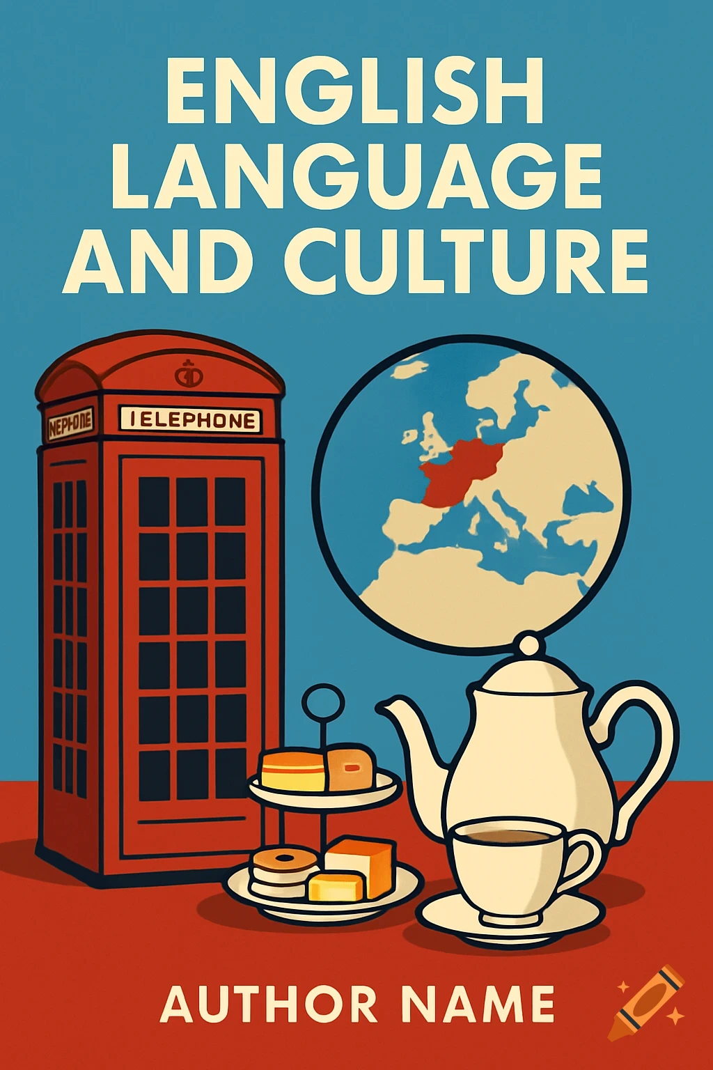 Illustrative book cover for 'English Language and Culture' featuring a red telephone booth, a globe, a tea set, and cakes.