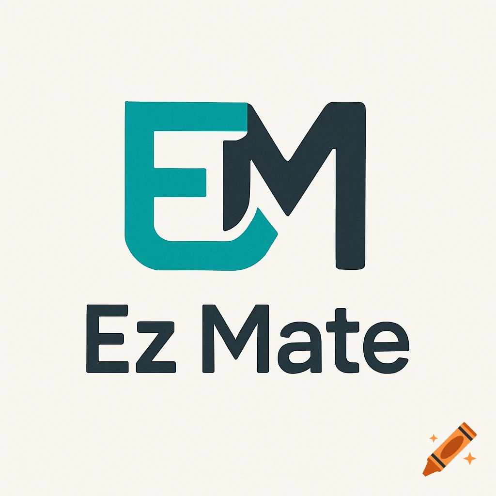 A modern logo featuring the letters "EM" intertwined in teal and dark grey, with the text "Ez Mate" in dark grey below it, on a light background.