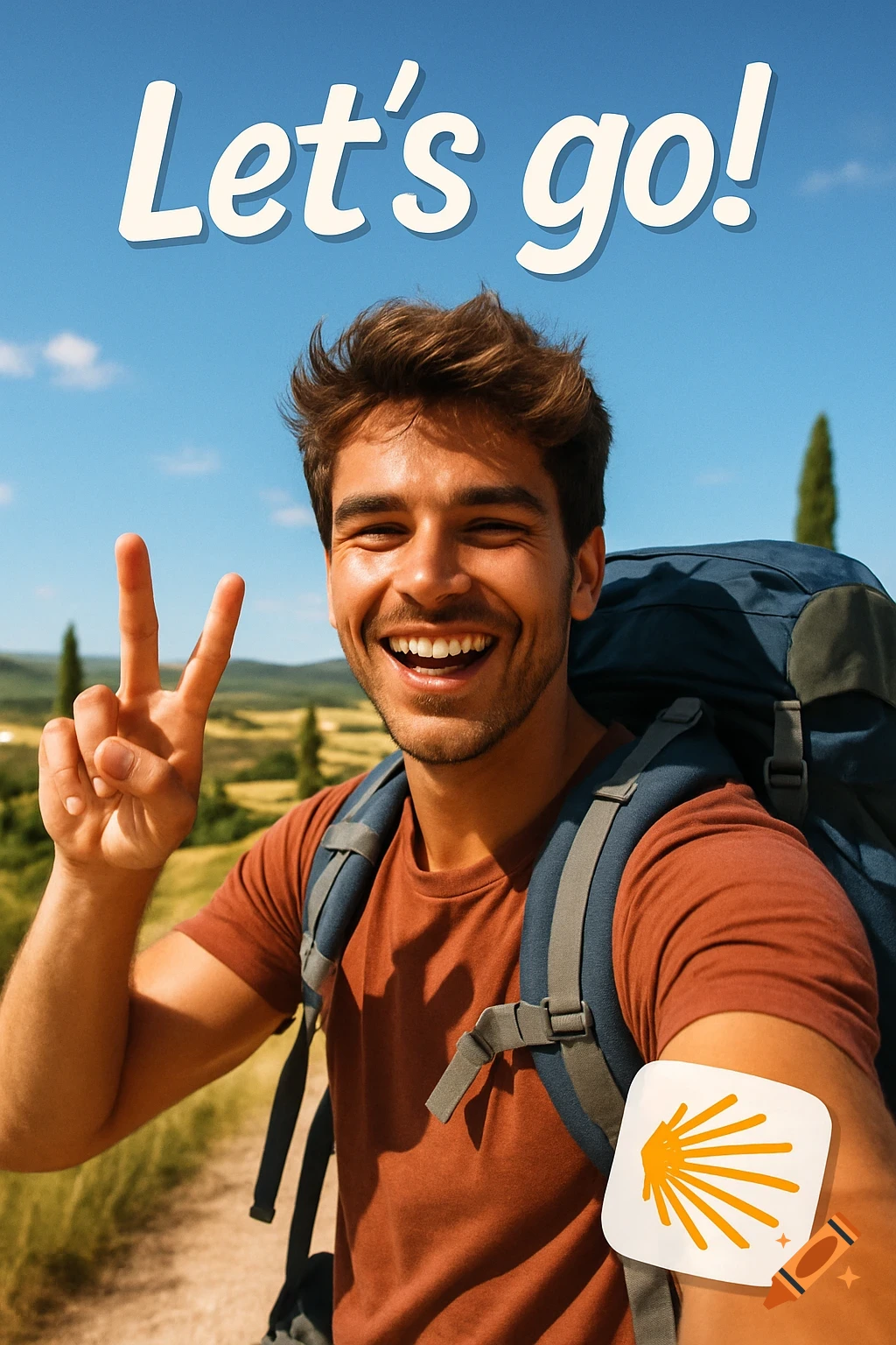 A smiling male hiker with a backpack makes a peace sign on a sunny outdoor trail with 'Let's go!' text and a shell sticker.