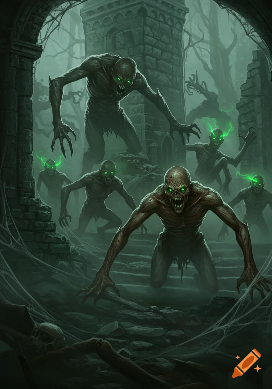 Multiple pale, gaunt monsters with glowing green eyes emerge from mist-shrouded ruins in a dark fantasy setting.