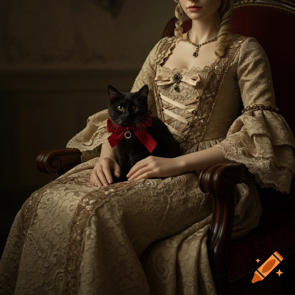 A noble lady in an aristocratic gown sits on a velvet chair with a black cat wearing a red ribbon on her lap, in a classical, refined style.