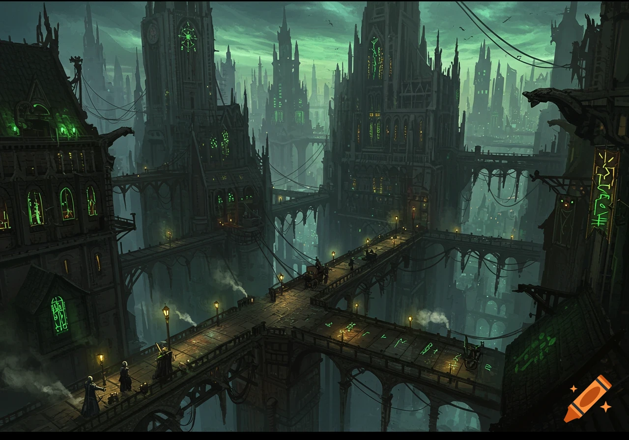 A dark, atmospheric gothic city with towering buildings, glowing green elements, and multiple elevated bridges connecting them, under a misty green sky.