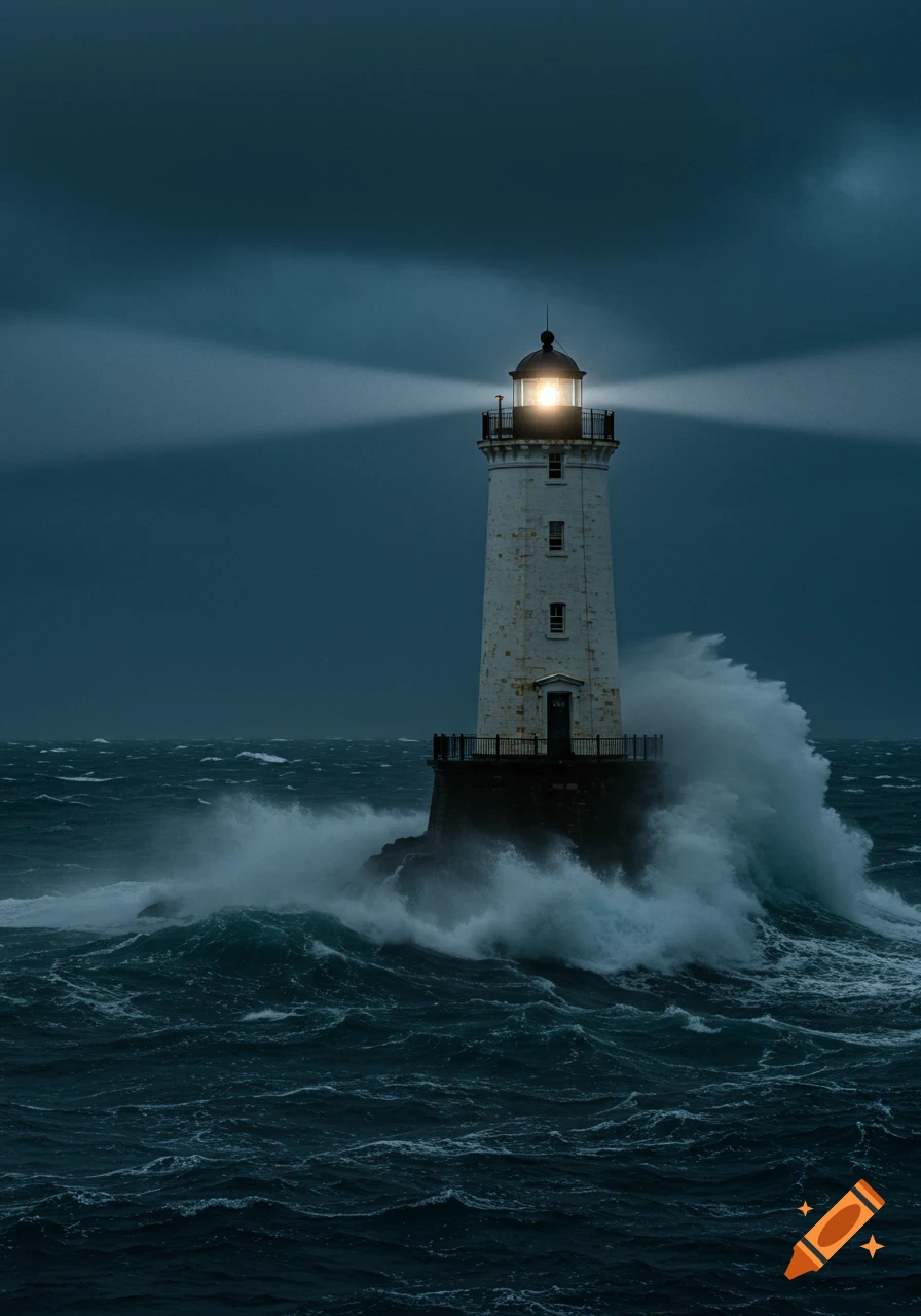 Photorealistic lighthouse with a shining beam amidst crashing rough waves and a dark, stormy sky.