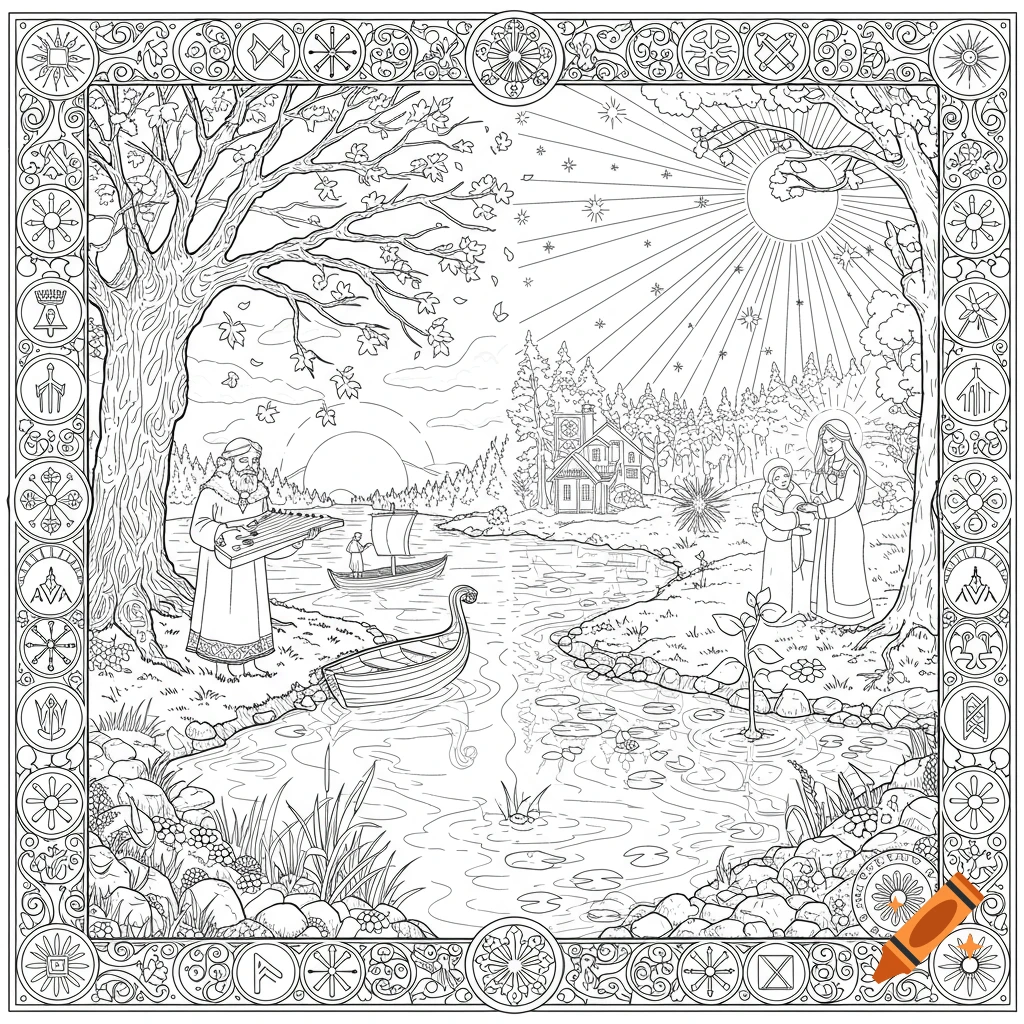 A symbolic black and white line art illustration in Finnish mythology style, depicting old and new worlds separated by a river with various symbols.