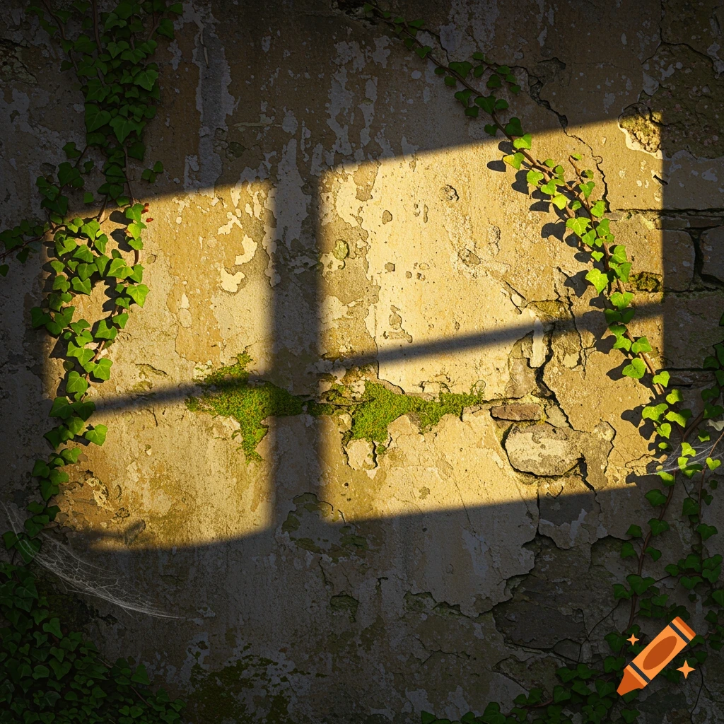 Sunlight streams through a window, casting a shadow on an old, peeling stone wall with climbing green ivy and moss.