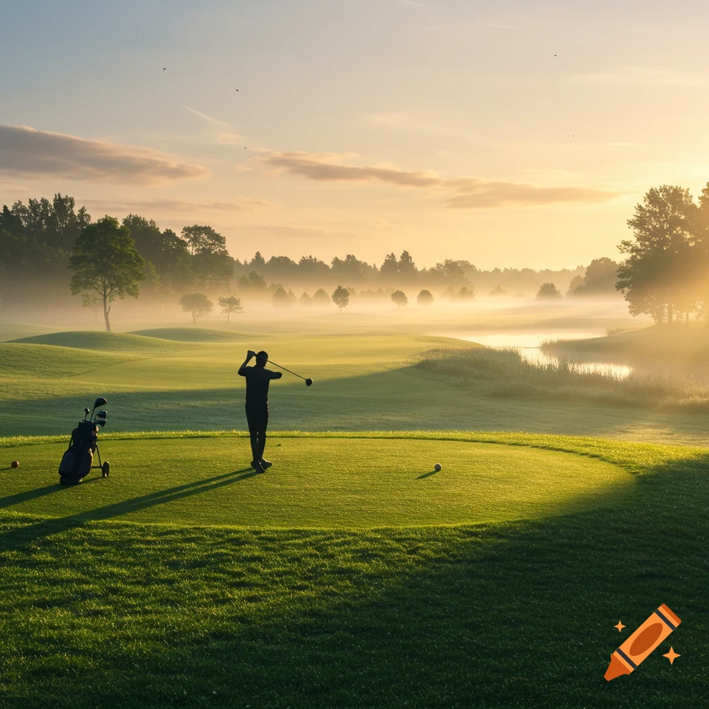 A golfer in silhouette prepares to swing on a misty golf course at sunrise, with a lake and trees in the background.