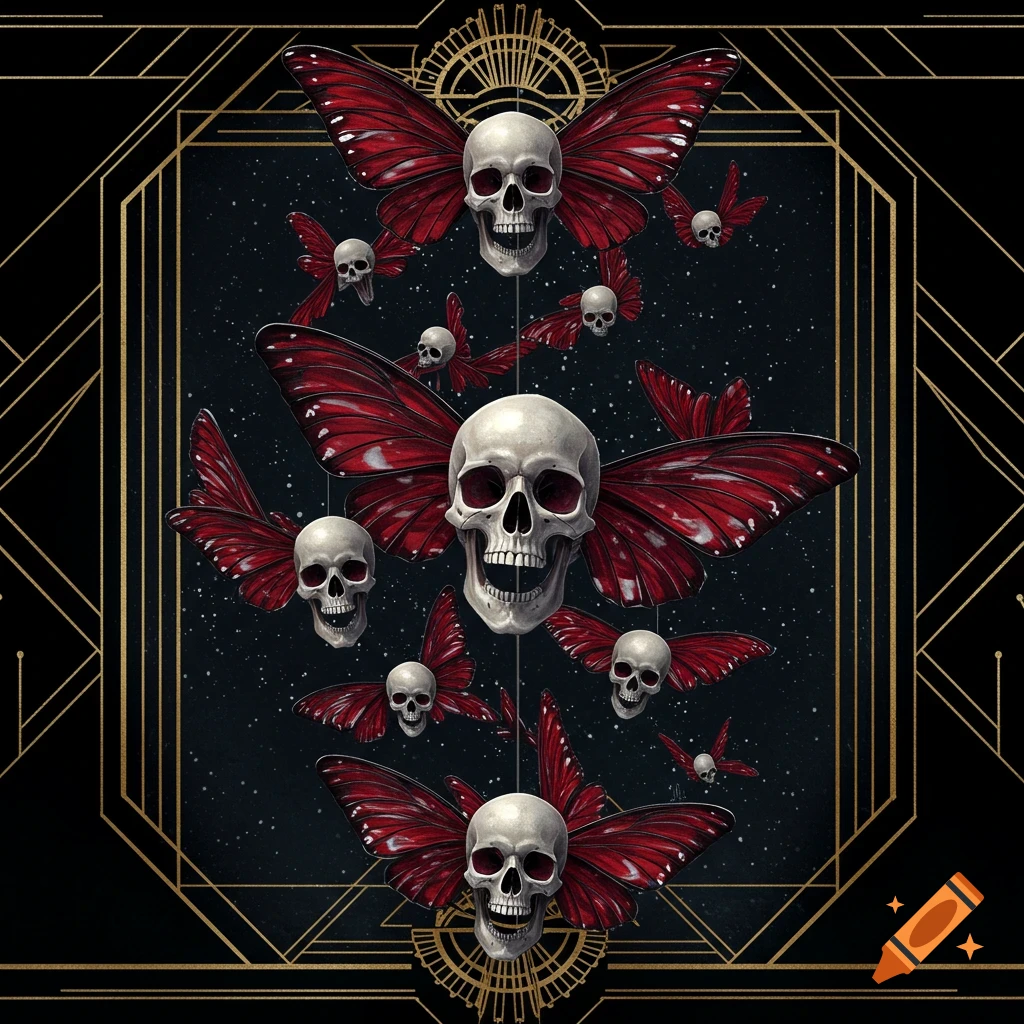 An Art Deco framed image with multiple flying skulls with red butterfly wings against a starry dark background, resembling an album cover.