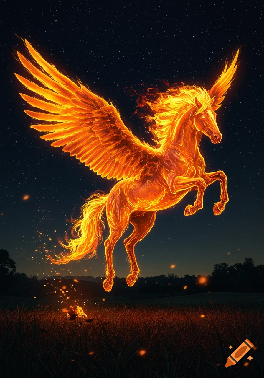 A vibrant, fiery pegasus with glowing wings rears up against a starry night sky over a dark field.