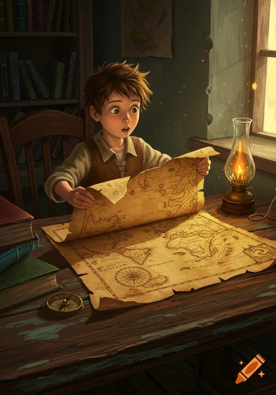 A young boy with wide eyes looks at a large, old map spread across a wooden table, illuminated by a lantern near a window.