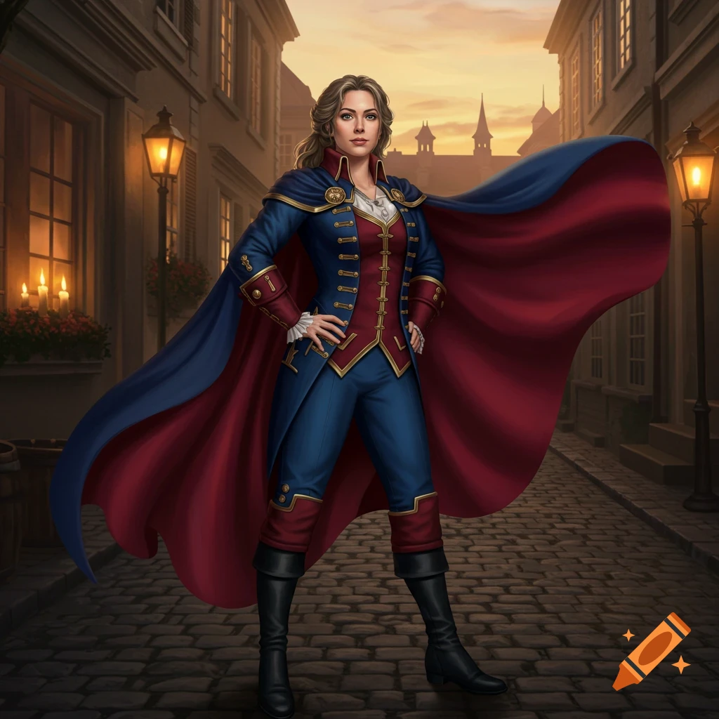 A female superhero, Equalizer, in a blue and red revolutionary-era French uniform with a flowing cape, stands on a cobblestone street at dusk.