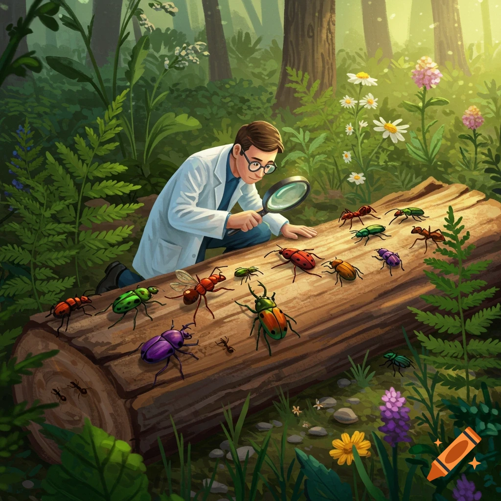 Illustrated scientist in a white lab coat using a magnifying glass to examine colorful insects on a log in a forest.